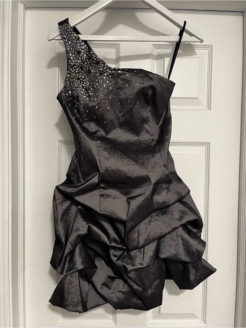 One-Shoulder Black Cocktail Dress with Crystal Accents